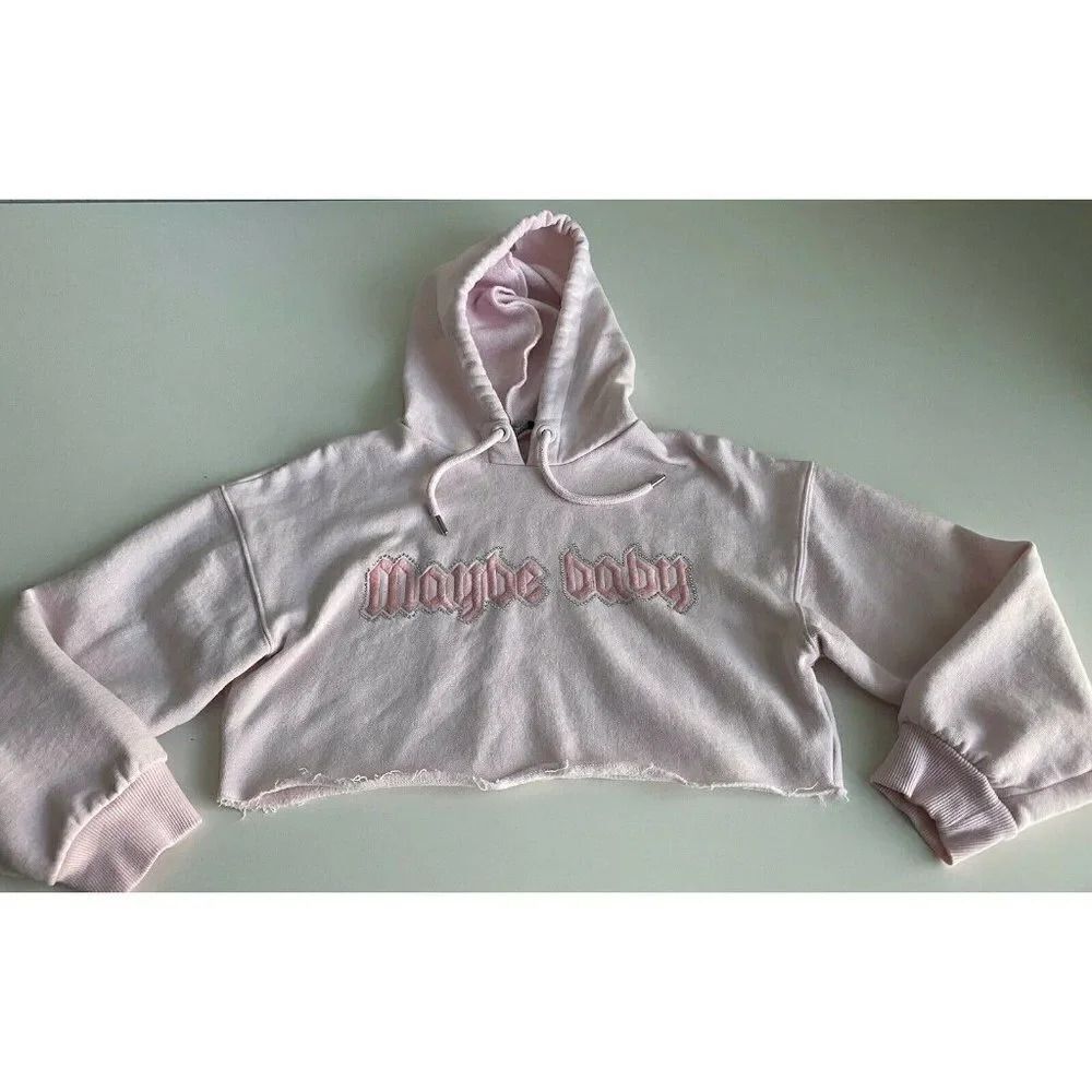 Bershka Women Pullover Hoodie Sz M Cropped Pink Embroidered Rhinestones